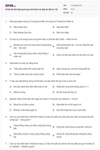 20 Đề thi thử thpt quốc gia môn Địa lí có đáp án (Đề số 14)