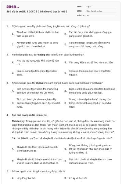 Bộ 3 đề thi cuối kì 1 GDCD 9 Cánh diều có đáp án - Đề 3