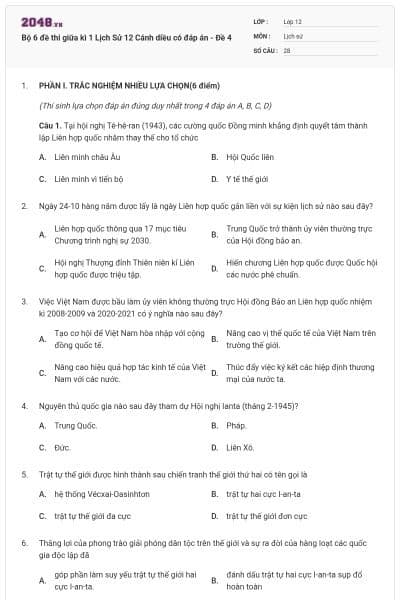 Bộ 6 đề thi giữa kì 1 Lịch Sử 12 Cánh diều có đáp án - Đề 4