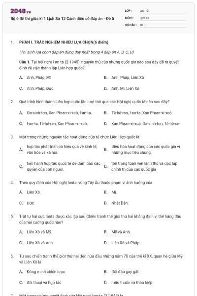 Bộ 6 đề thi giữa kì 1 Lịch Sử 12 Cánh diều có đáp án - Đề 5