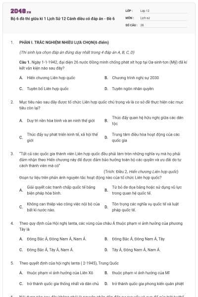 Bộ 6 đề thi giữa kì 1 Lịch Sử 12 Cánh diều có đáp án - Đề 6