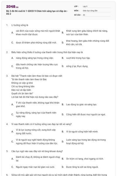Bộ 3 đề thi cuối kì 1 GDCD 9 Chân trời sáng tạo có đáp án - Đề 2