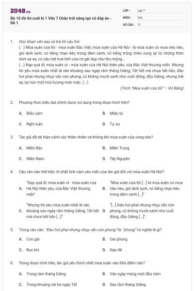 Bộ 10 đề thi cuối kì 1 Văn 7 Chân trời sáng tạo có đáp án - Đề 1