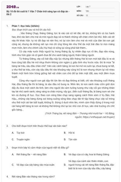 Bộ 10 đề thi cuối kì 1 Văn 7 Chân trời sáng tạo có đáp án - Đề 2