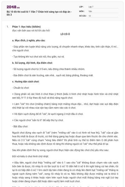 Bộ 10 đề thi cuối kì 1 Văn 7 Chân trời sáng tạo có đáp án - Đề 3