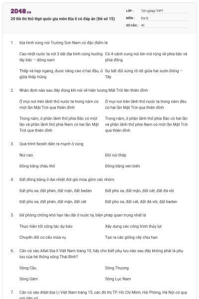 20 Đề thi thử thpt quốc gia môn Địa lí có đáp án (Đề số 15)