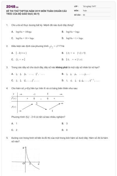 ĐỀ THI THỬ THPTQG NĂM 2019 MÔN TOÁN CHUẨN CẤU TRÚC CỦA BỘ GIÁO DỤC( Đề 9)