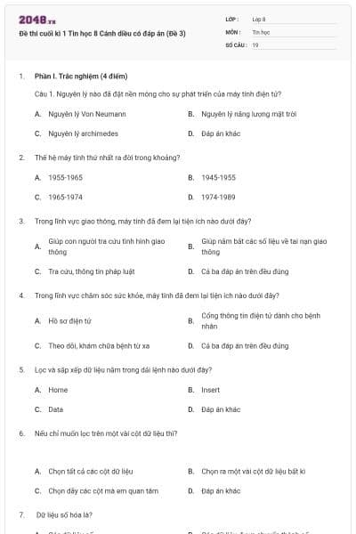 Đề thi cuối kì 1 Tin học 8 Cánh diều có đáp án (Đề 3)