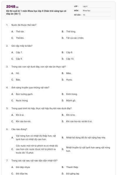 Đề thi cuối kì 1 môn Khoa học lớp 4 Chân trời sáng tạo có đáp án (Đề 1)