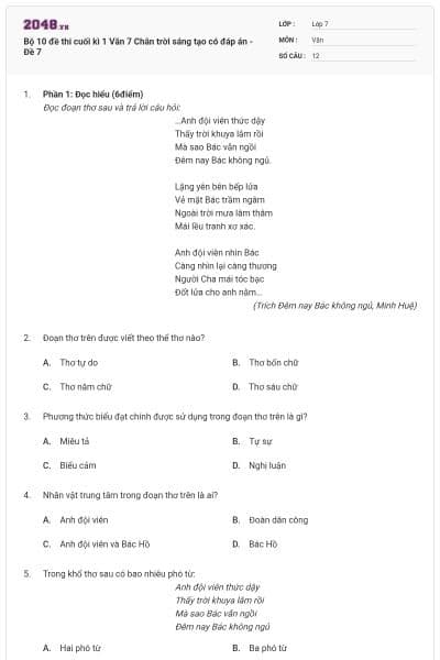 Bộ 10 đề thi cuối kì 1 Văn 7 Chân trời sáng tạo có đáp án - Đề 7