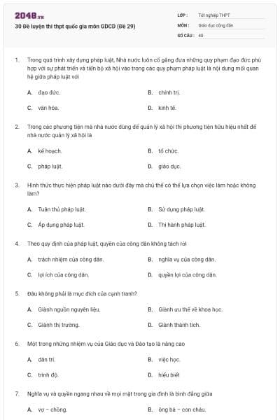 30 Đề luyện thi thpt quốc gia môn GDCD (Đề 29)