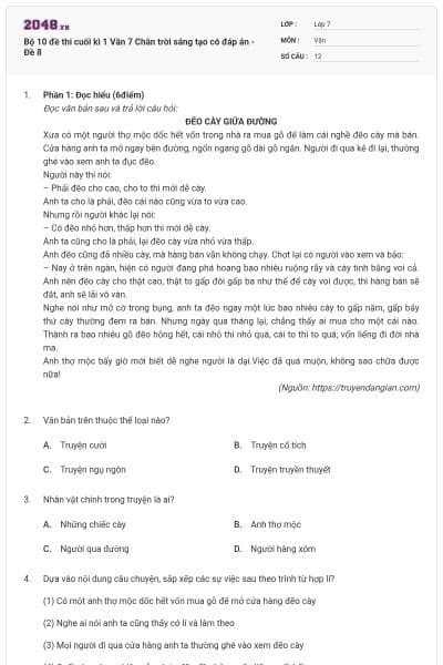 Bộ 10 đề thi cuối kì 1 Văn 7 Chân trời sáng tạo có đáp án - Đề 8