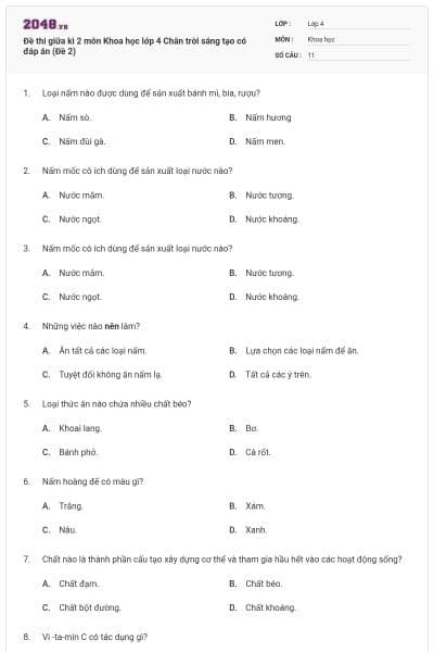 Đề thi giữa kì 2 môn Khoa học lớp 4 Chân trời sáng tạo có đáp án (Đề 2)