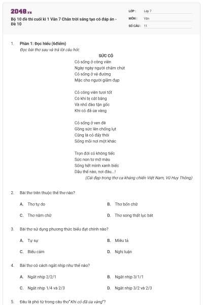 Bộ 10 đề thi cuối kì 1 Văn 7 Chân trời sáng tạo có đáp án - Đề 10