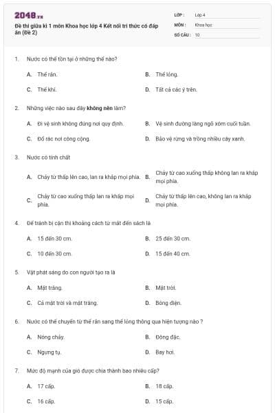 Đề thi giữa kì 1 môn Khoa học lớp 4 Kết nối tri thức có đáp án (Đề 2)