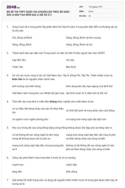 BỘ ĐỀ THI THPT QUỐC GIA CHUẨN CẤU TRÚC BỘ GIÁO DỤC & ĐÀO TẠO MÔN ĐỊA LÍ (ĐỀ SỐ 21)