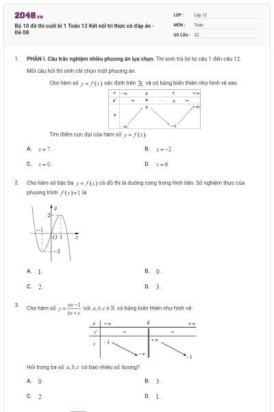 Bộ 10 đề thi cuối kì 1 Toán 12 Kết nối tri thức có đáp án - Đề 08