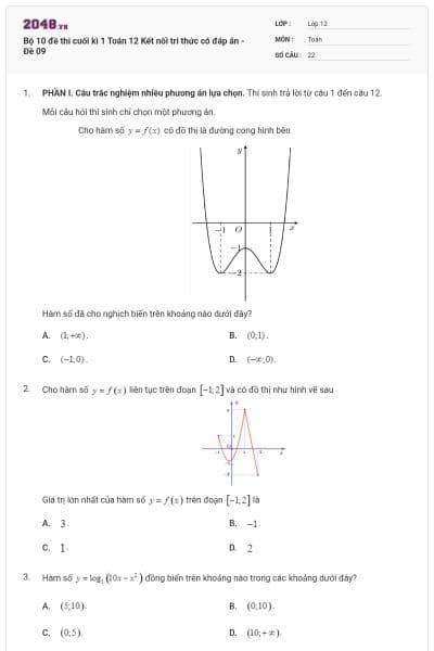 Bộ 10 đề thi cuối kì 1 Toán 12 Kết nối tri thức có đáp án - Đề 09