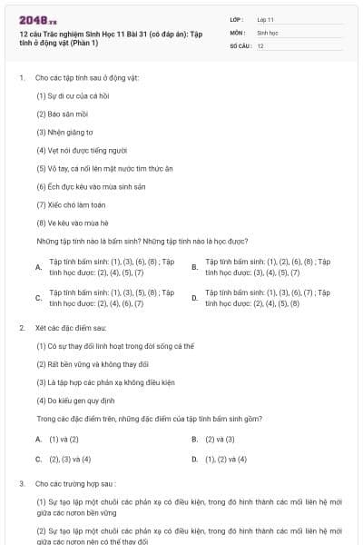 12 câu Trắc nghiệm Sinh Học 11 Bài 31 (có đáp án): Tập tính ở động vật (Phần 1)