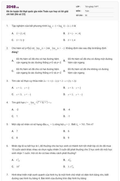 Đề ôn luyện thi thpt quốc gia môn Toán cực hay có lời giải chi tiết (Đề số 23)
