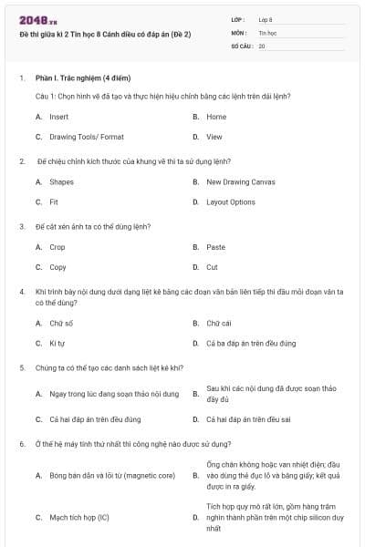 Đề thi giữa kì 2 Tin học 8 Cánh diều có đáp án (Đề 2)