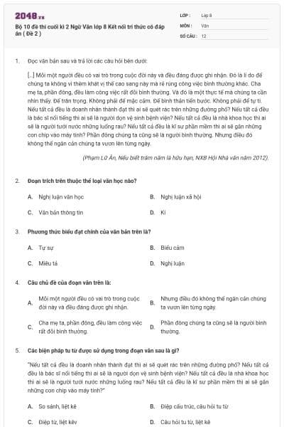 Bộ 10 đề thi cuối kì 2 Ngữ Văn lớp 8 Kết nối tri thức có đáp án ( Đề 2 )