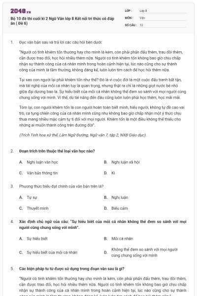 Bộ 10 đề thi cuối kì 2 Ngữ Văn lớp 8 Kết nối tri thức có đáp án ( Đề 6)
