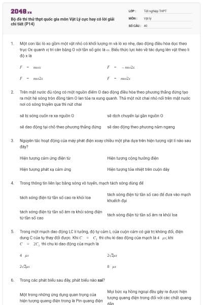 Bộ đề thi thử thpt quốc gia môn Vật Lý cực hay có lời giải chi tiết (P14)