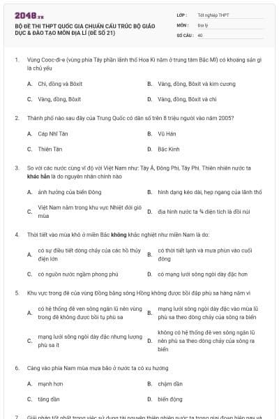 BỘ ĐỀ THI THPT QUỐC GIA CHUẨN CẤU TRÚC BỘ GIÁO DỤC & ĐÀO TẠO MÔN ĐỊA LÍ (ĐỀ SỐ 21)