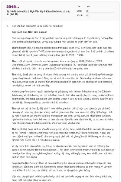 Bộ 10 đề thi cuối kì 2 Ngữ Văn lớp 8 Kết nối tri thức có đáp án ( Đề 10)