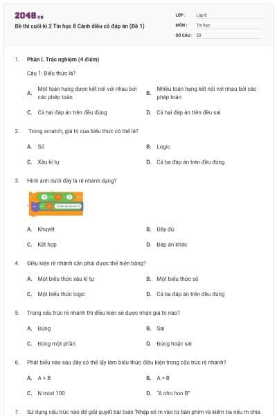 Đề thi cuối kì 2 Tin học 8 Cánh diều có đáp án (Đề 1)