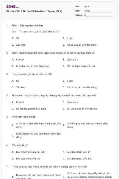 Đề thi cuối kì 2 Tin học 8 Cánh diều có đáp án (Đề 4)