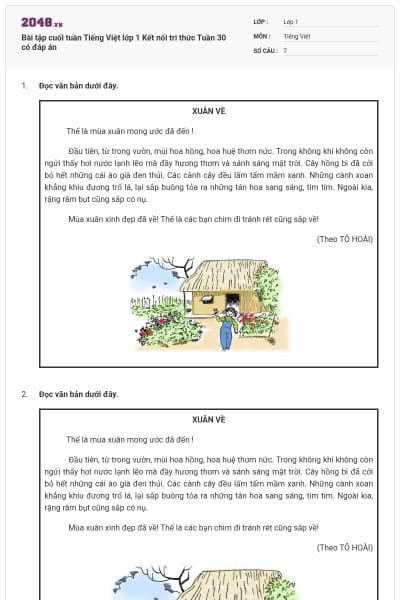 Bài tập cuối tuần Tiếng Việt lớp 1 Kết nối tri thức Tuần 30 có đáp án