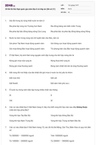 20 Đề thi thử thpt quốc gia môn Địa lí có đáp án (Đề số 21)