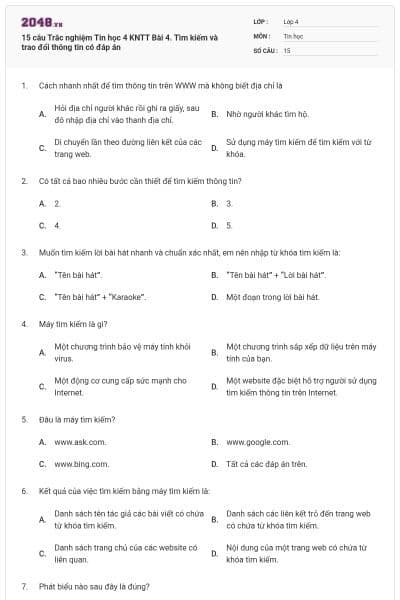 15 câu Trắc nghiệm Tin học 4 KNTT Bài 4. Tìm kiếm và trao đổi thông tin có đáp án