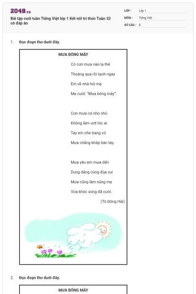 Bài tập cuối tuần Tiếng Việt lớp 1 Kết nối tri thức Tuần 32 có đáp án