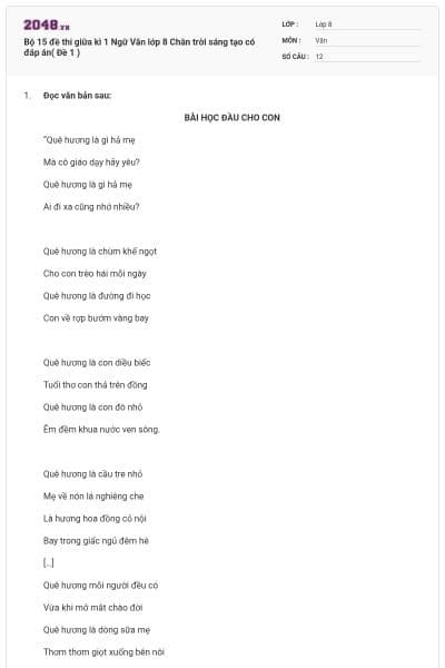 Bộ 15 đề thi giữa kì 1 Ngữ Văn lớp 8 Chân trời sáng tạo có đáp án( Đề 1 )