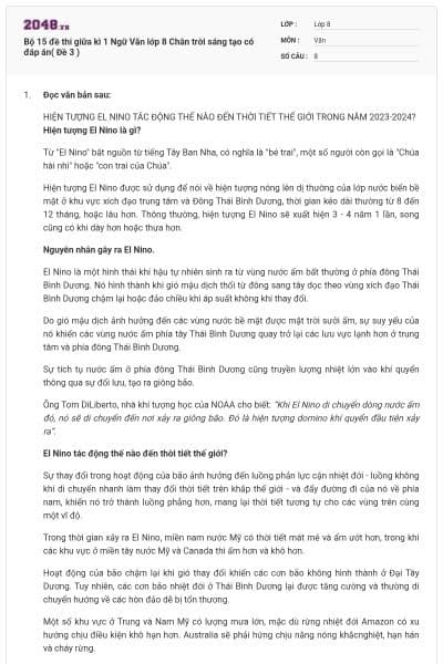 Bộ 15 đề thi giữa kì 1 Ngữ Văn lớp 8 Chân trời sáng tạo có đáp án( Đề 3 )