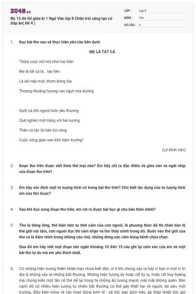 Bộ 15 đề thi giữa kì 1 Ngữ Văn lớp 8 Chân trời sáng tạo có đáp án( Đề 4 )