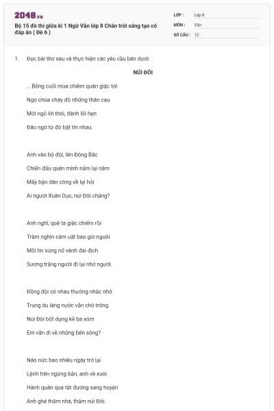 Bộ 15 đề thi giữa kì 1 Ngữ Văn lớp 8 Chân trời sáng tạo có đáp án ( Đề 6 )