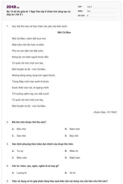 Bộ 15 đề thi giữa kì 1 Ngữ Văn lớp 8 Chân trời sáng tạo có đáp án ( Đề 9 )