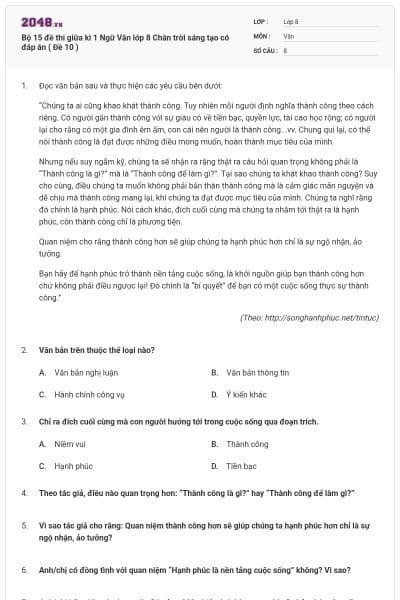 Bộ 15 đề thi giữa kì 1 Ngữ Văn lớp 8 Chân trời sáng tạo có đáp án ( Đề 10 )