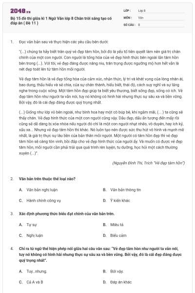 Bộ 15 đề thi giữa kì 1 Ngữ Văn lớp 8 Chân trời sáng tạo có đáp án ( Đề 11 )