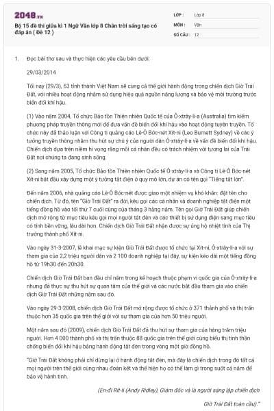 Bộ 15 đề thi giữa kì 1 Ngữ Văn lớp 8 Chân trời sáng tạo có đáp án ( Đề 12 )