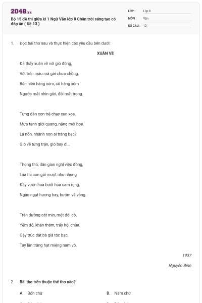 Bộ 15 đề thi giữa kì 1 Ngữ Văn lớp 8 Chân trời sáng tạo có đáp án ( Đề 13 )