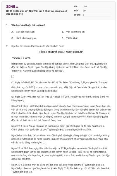 Bộ 15 đề thi giữa kì 1 Ngữ Văn lớp 8 Chân trời sáng tạo có đáp án ( Đề 14 )