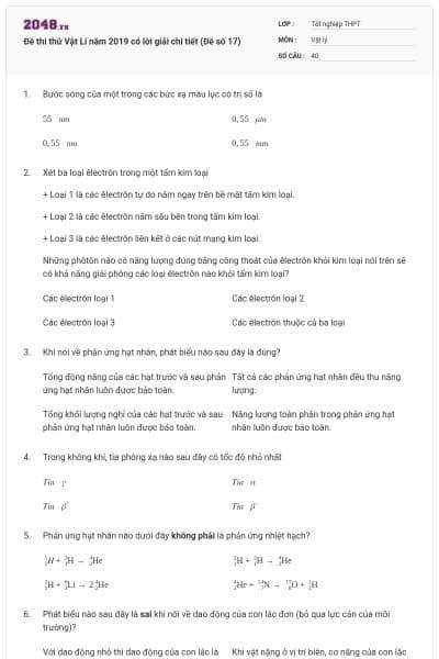 Đề thi thử Vật Lí năm 2019 có lời giải chi tiết (Đề số 17)