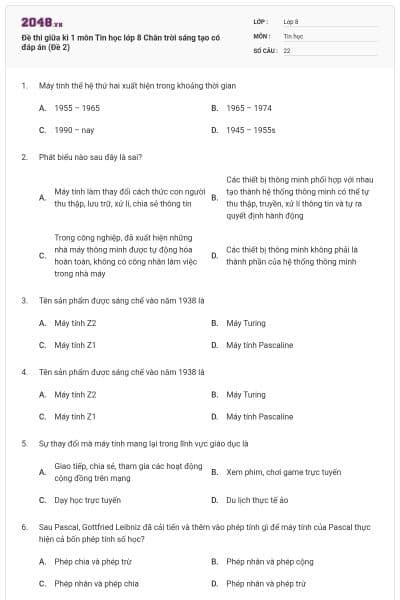 Đề thi giữa kì 1 môn Tin học lớp 8 Chân trời sáng tạo có đáp án (Đề 2)