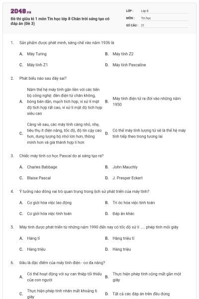 Đề thi giữa kì 1 môn Tin học lớp 8 Chân trời sáng tạo có đáp án (Đề 3)