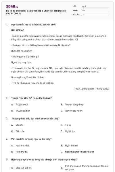 Bộ 15 đề thi cuối kì 1 Ngữ Văn lớp 8 Chân trời sáng tạo  có đáp án ( Đề 1)